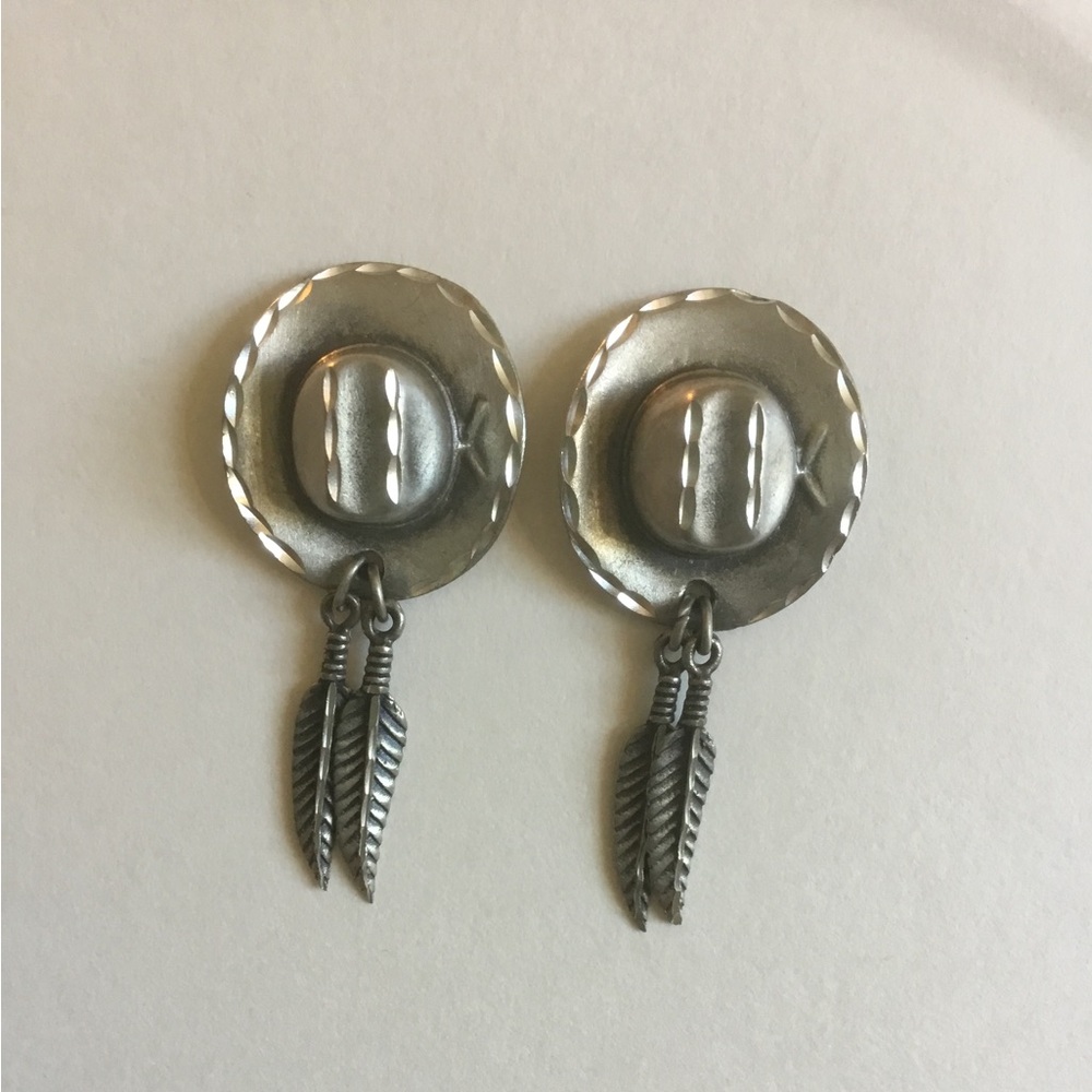 Vintage Sterling Silver Western Cowboy Hat Earrings with Feather Dangles